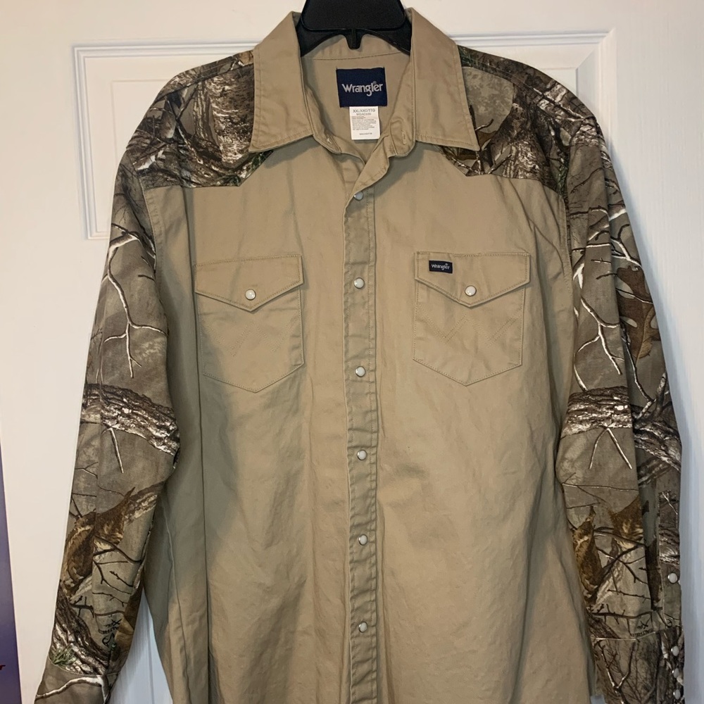 Seasonal Wrangler Camo Brushpopper Western Pearl Snap Shirt Mens XXL Distressed